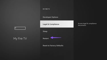 Amazon Fire TV Settings Menu with Restart Option Highlighted