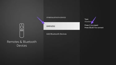 Amazon Fire TV Settings Menu with press to unpair Option Highlighted
