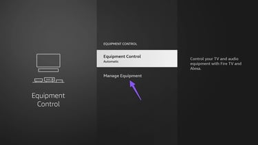 Amazon Fire TV Settings Menu with press manage equipment Option Highlighted