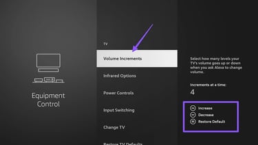 Amazon Fire TV Settings Menu with volume increments Option Highlighted