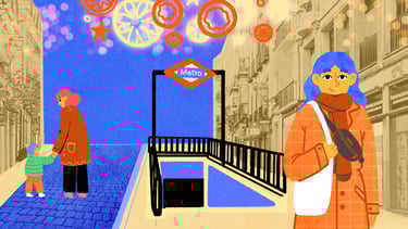 A young woman walks in a street with christmas decorations