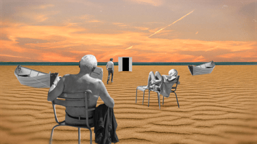 a man sitting in a chair in a desert, reading, a woman sunbathing