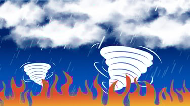 two tornados over a fire while it's raining
