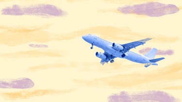 Blue commercial airplane flying through stylized pastel clouds
