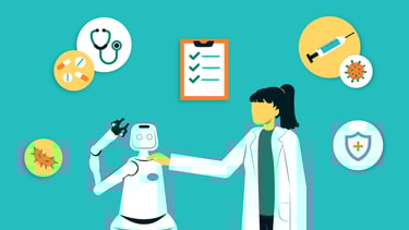 a doctor woman touching a medical assistant robot with medical symbols in the background