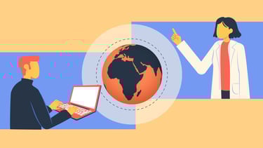 a woman in a lab coat and a man in a laptop computer. The Earth spininng in the middle