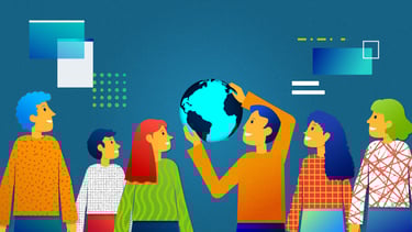 a group of people standing around a globe, surrounded by data and screens