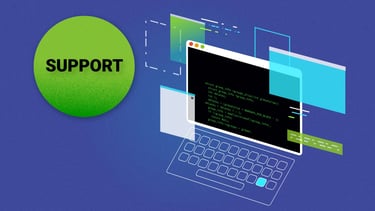 a computer creen with a keyboard and coding text. Next to it, a bubble with "support" written on it