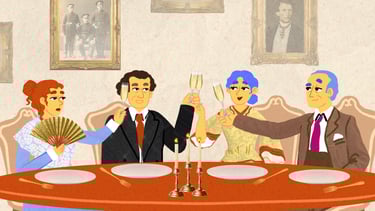 a group or rich, well dressed people of centuries ago make a toast with champagne