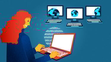 a woman is typing on a laptop and other computers appear in the background. Binary code next to her