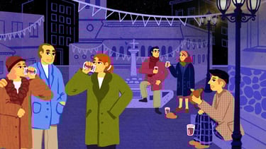 people dressing vintage clothes are drinking wine and beer in the street at night