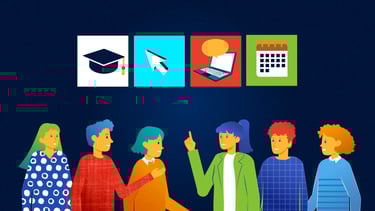 a group of people standing debating with some icons on top depicting learning resources