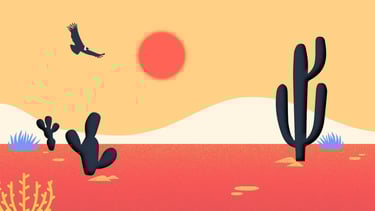 a bird flying over a desert with cactus in the background