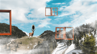 a deer standing on a mountain top with a mirror between its horns.