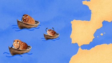 Animated Spanish croquettes in boats sailing away from a map of Spain