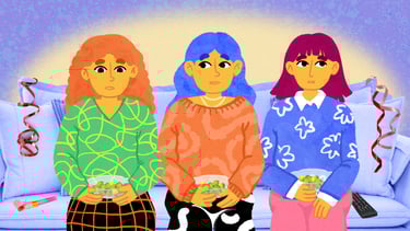 three girls look concerned sitting in the sofa while watching tv