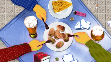 Illustration of friends sharing Spanish tapas including croquettes, tortilla, and beer at a bar