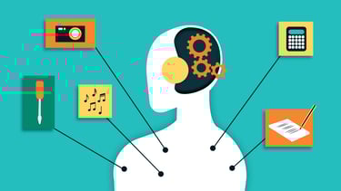 a robot with gears in the head and different symbols popping out of it (music, calculator, notepad)