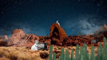 a kid standing on a hill on top of a rock, cactus and a little girl with a tv