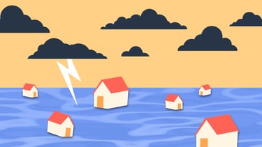 many houses floating in the water during a storm with lightnings that caused a flood