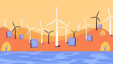 a group of wind turbines and solar panels in a field