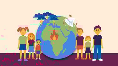 a group of children standing around a globe with rain, tornado and fire on top