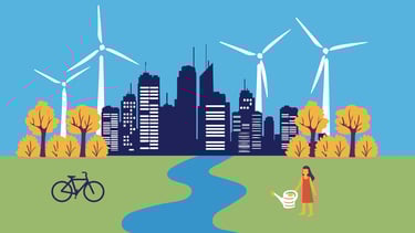 a sustainable city, with wind mills, trees, a river, a bike and a woman watering the grass
