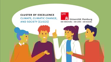 a group of people standing around a speech bubble, discussing about science