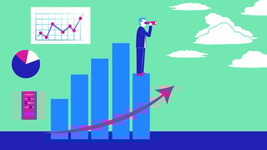 a man standing on a bar chart holding binocles and seeing how clouds approach