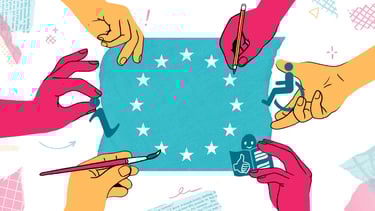 a group of hands holding a brush, pencil and symbols of disability on top of a Europe flag