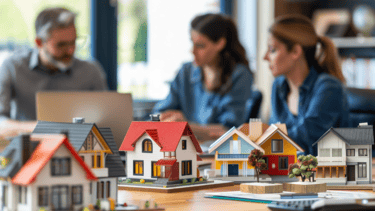 Imagen de una maqueta de casas y al fondo dos mujeres reunidas con un asesor