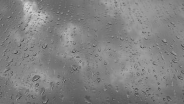 Gotas de lluvia sobre un cristal con fondo nublado en blanco y negro.