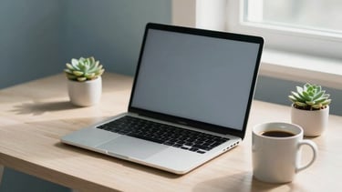 A bright, minimalist North American home office desk featuring a modern laptop, a ceramic mug of coffee, and a small succulent. Soft morning light filters through a window. The color palette includes muted blues, beige, and soft greys, conveying a professional yet calming virtual assistant workspace.