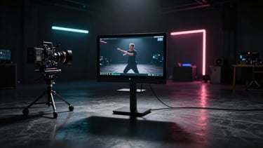 Wide panoramic 21:9 frame of a dark studio set, glowing director's monitor showing an artist in motion, heavy shadows and practical neon light in the background.