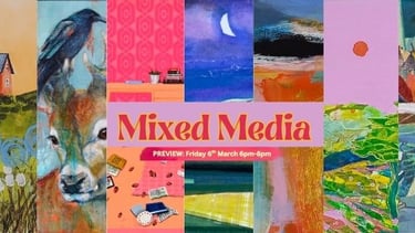 A colorful collage of mixed media contemporary art paintings featuring landscapes, animals, and abstract patterns.