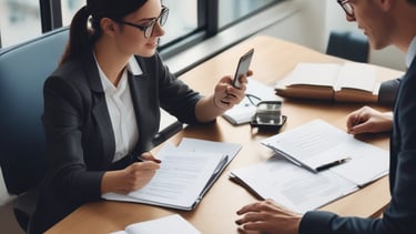 A professional consultant discussing strategies with a client in an office.