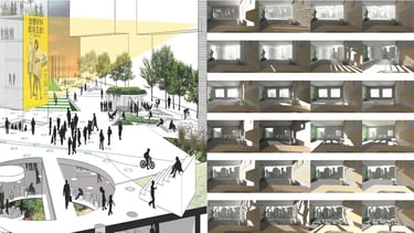 View out study of a multistory building conducted on each floor facing the plaza.