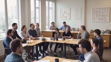 A yellow sign with bold black text in German promoting an agency located on a street. The background shows part of an urban setting with tables and chairs on a sidewalk.