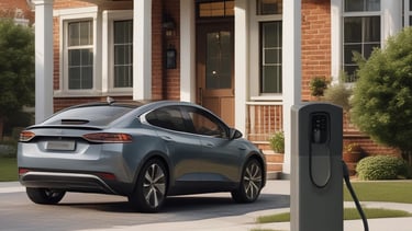 An electric vehicle charging station is situated outdoors near a body of water with green grass and some bushes in the background. The station has two charging cables and connectors hanging neatly. A green pole is seen to the left of the charger, possibly marking or protecting the charging area.