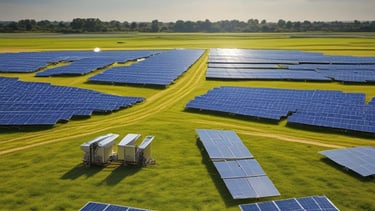 A clear blue sky provides the backdrop for a modern renewable energy setup featuring a wind turbine and solar panels. The sleek, geometric arrangement of solar panels reflects light while the blades of the wind turbine cut through the sky above.
