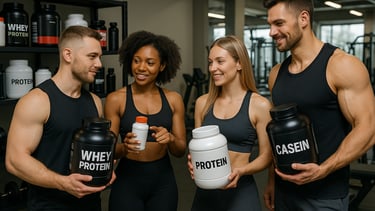 Athletes examining and comparing creatine supplements in gym environment