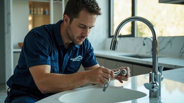 a man in a blue shirt is fixing a sink