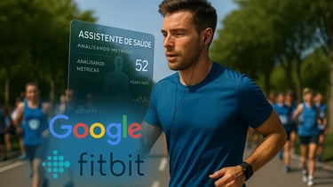 Corredor visualizando métricas de saúde em realidade aumentada.