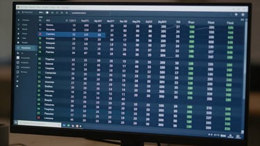 Close-up overhead shot of a transaction settlement dashboard on a large monitor, data rows and currency columns in sharp focus, studio lighting, deep blue interface, no people visible