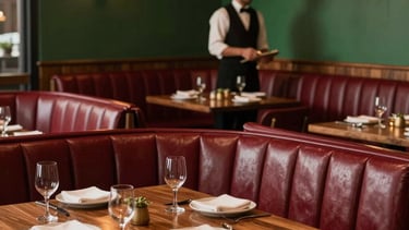 Sophisticated South American / Brazilian steakhouse interior photography. Warm low lighting illuminating deep carmine red leather booths and dark wooden tables. A professional waiter in the distance. The atmosphere is cozy and high-end, featuring matte forest green wall accents.