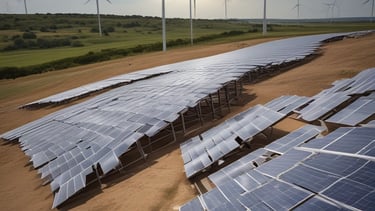 An aerial view of a modern wind and solar farm at sunrise with floating energy charts.