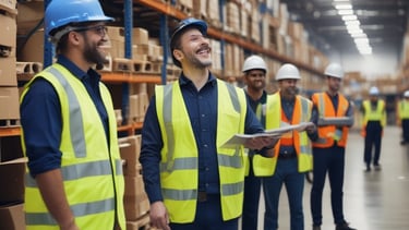 Two individuals wearing work attire are walking through a warehouse aisle, engaged in conversation. The shelves are lined with various products and items, and both people hold clipboards. The setting is well-lit, highlighting the organized shelves.