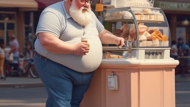 A sno-cone machine is situated on a white table outdoors. The machine has a metallic top with a large spout and a clear glass compartment filled with ice. A blue sign on the top reads 'ICE COLD SNO-CONES REFRESHING' with snowflake symbols. The background has lush green trees and a well-maintained lawn.
