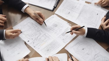 A hand holds a black business card with white text reading 'FORTY TWO Strategy Innovation Design' against a blurred urban skyline backdrop. The sky is clear and blue, suggesting a bright day.