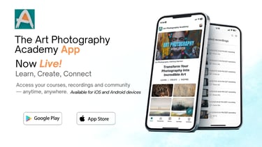 Art Photography Academy app interface on smartphones showing mobile courses and photography lessons.